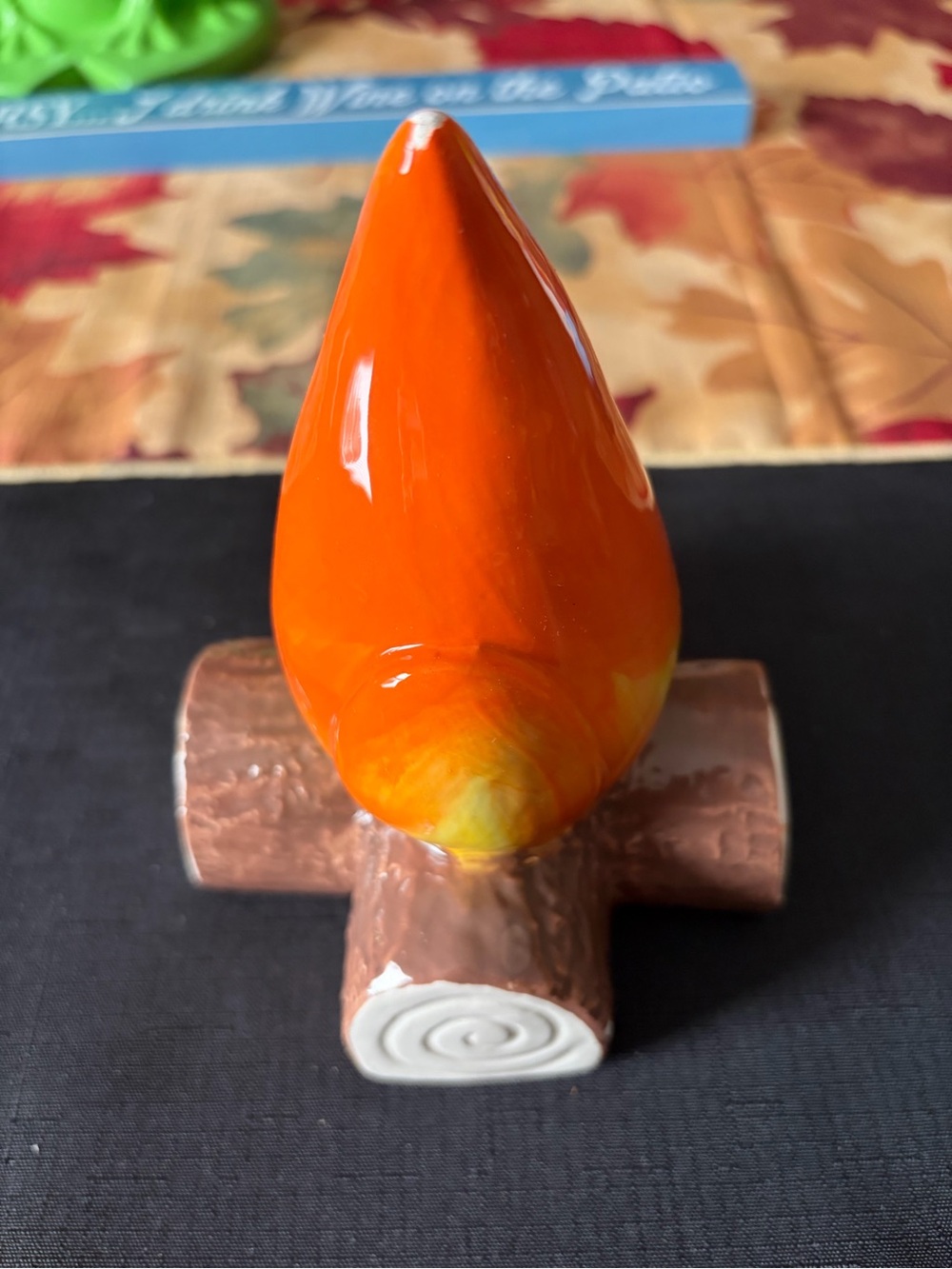 Orange Ceramic Flame on Brown Log Accent Sculpture
